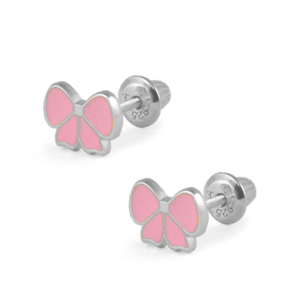 Pretty in Pink Bow Baby / Toddler / Kids Earrings Screw Back Enamel -  Sterling Silver