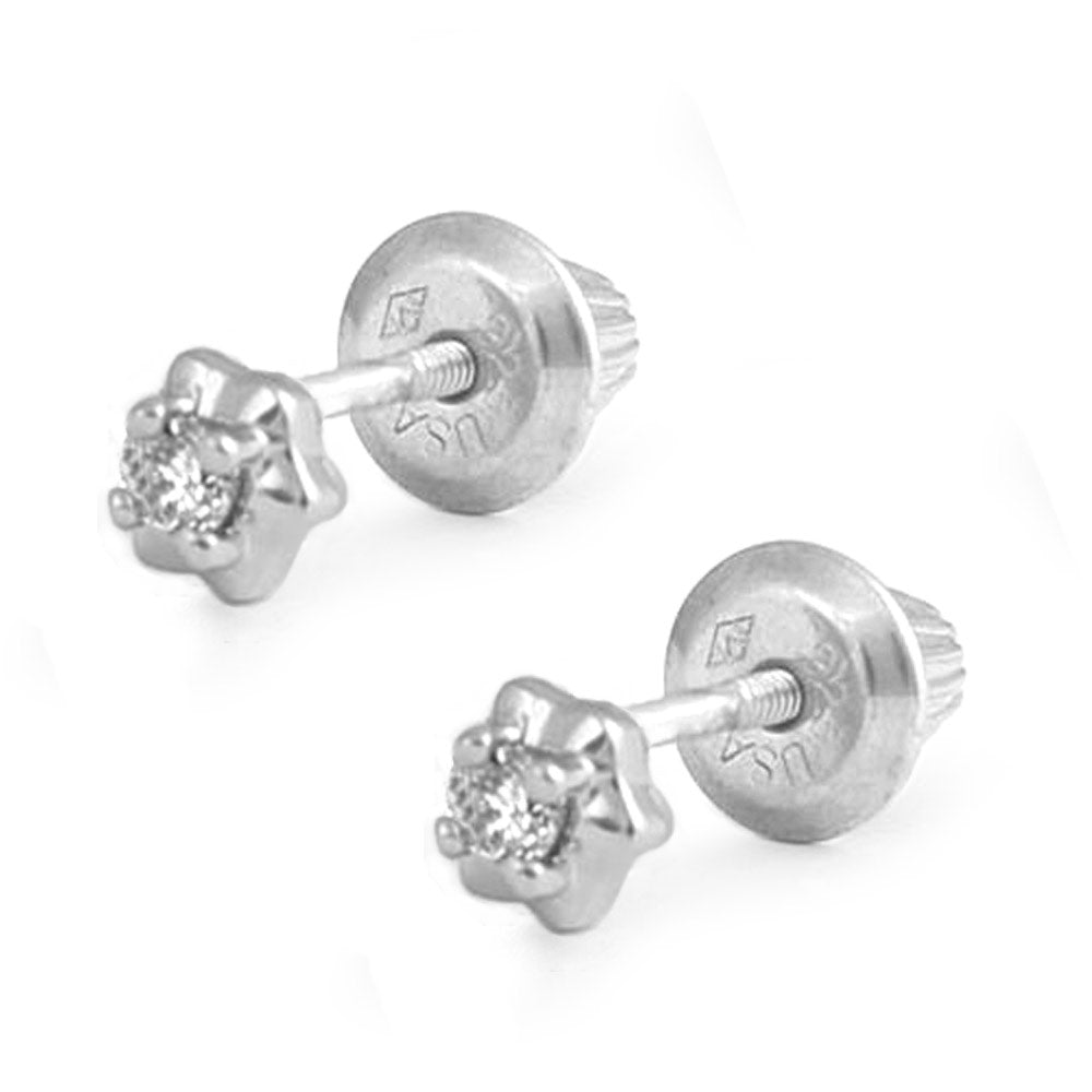 Sterling Silver 4-Prong Diamond Screw Back Stud Earrings for Girls