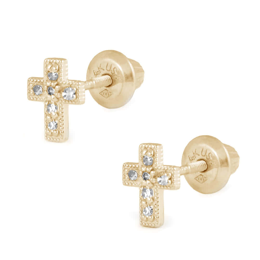 Children 14K Yellow Gold White CZ Cross Screw Back Earrings For Girls