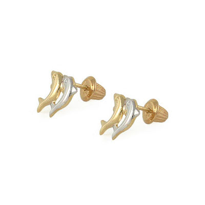 Children's 14K Two-Tone Gold Double Dolphin Stud Screw Back Earrings –