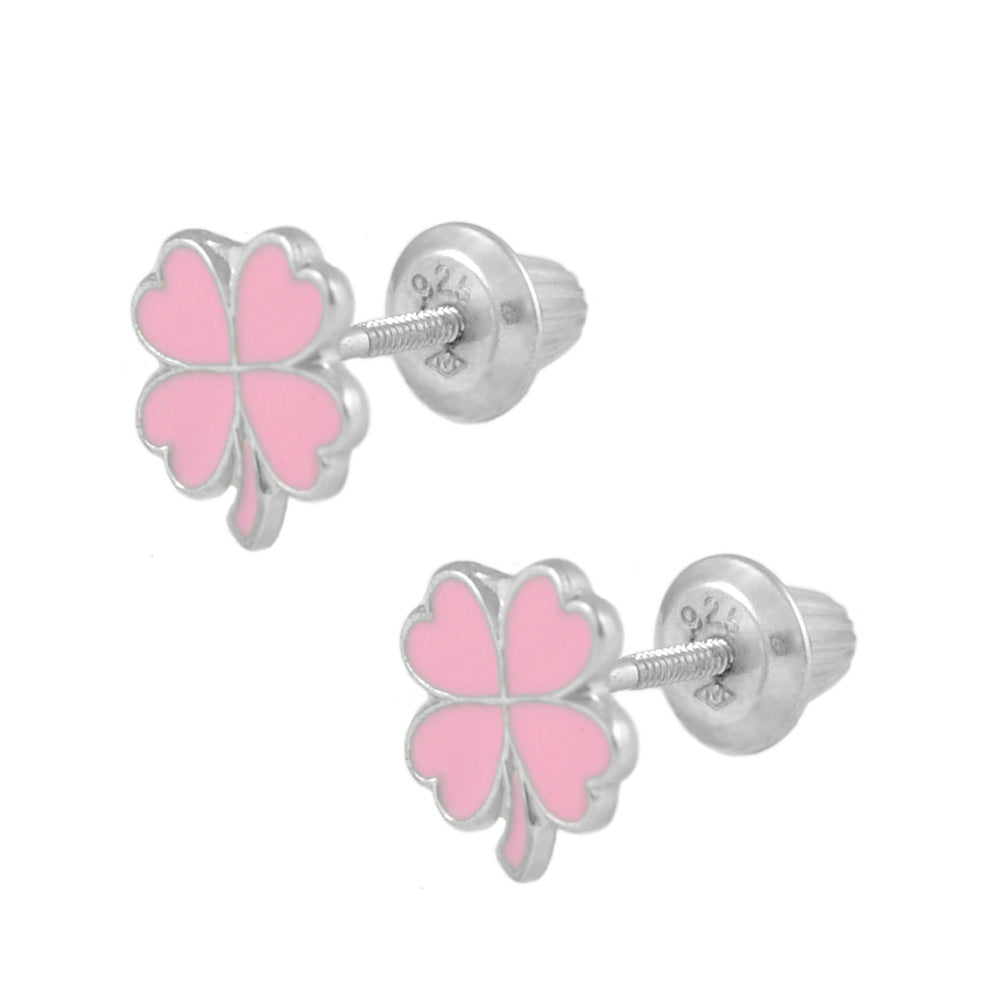 Sterling Silver Green Or Pink 4-Leaf Clover Screw Back Earrings