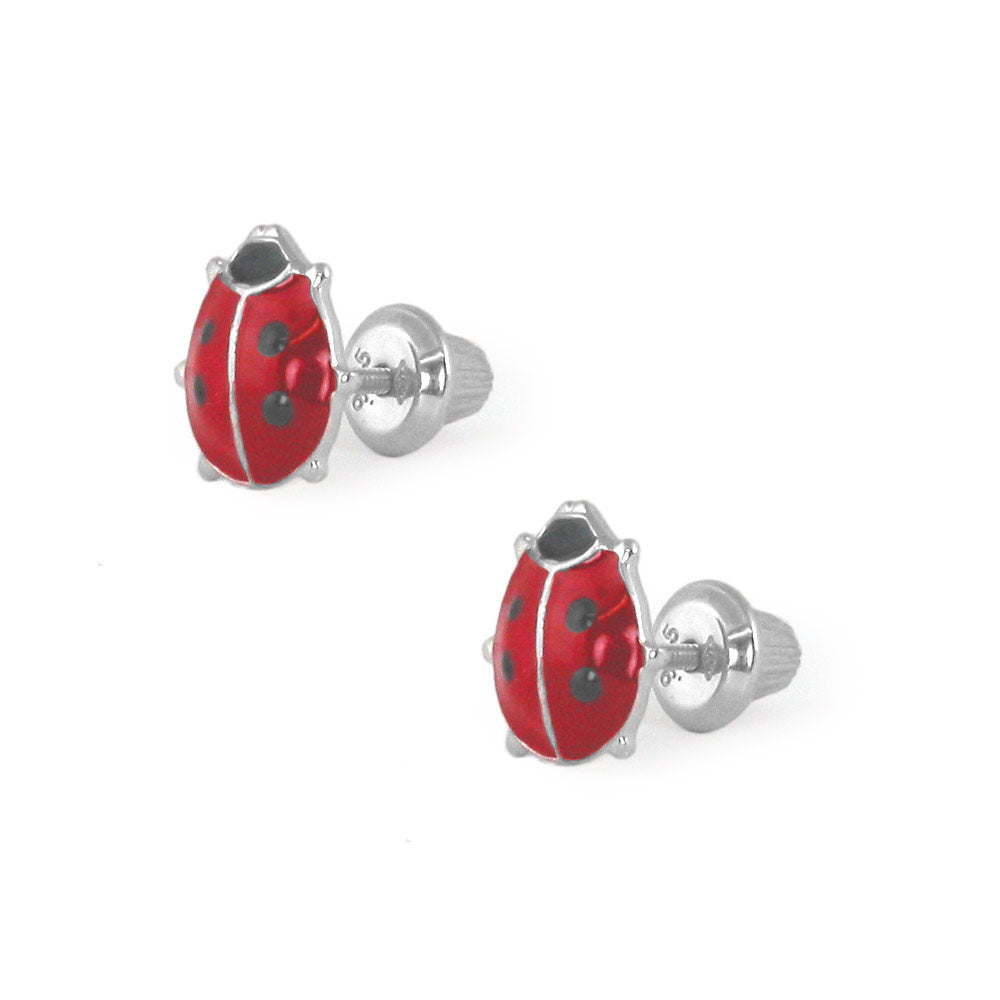 Pewter & Sterling Silver Ladybug dangle earrings- red & black glass , –  Jewelia Designs