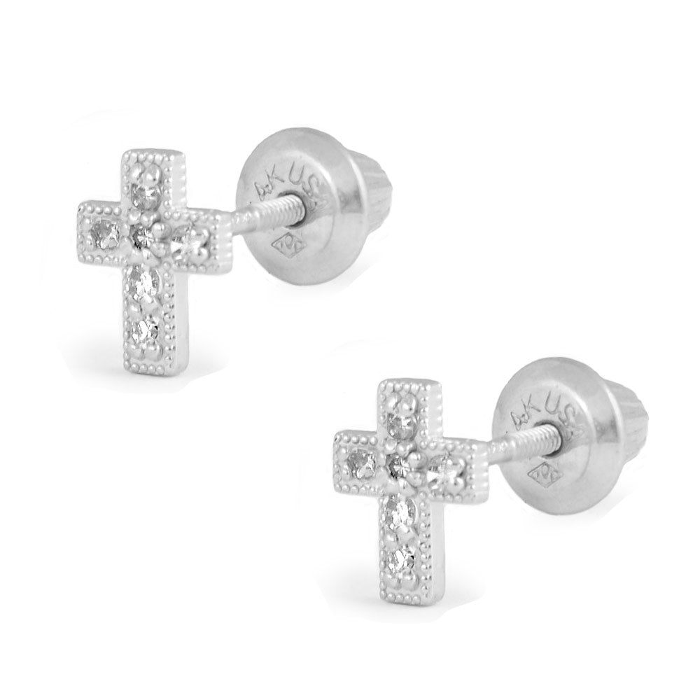 Girls Jewelry - 14K Yellow/White Gold Diamond Cross Screw Back Stud Earrings