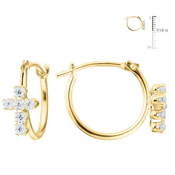 Child & Teen Jewelry - 14K Yellow Gold CZ Cross Girls Hoop Earrings