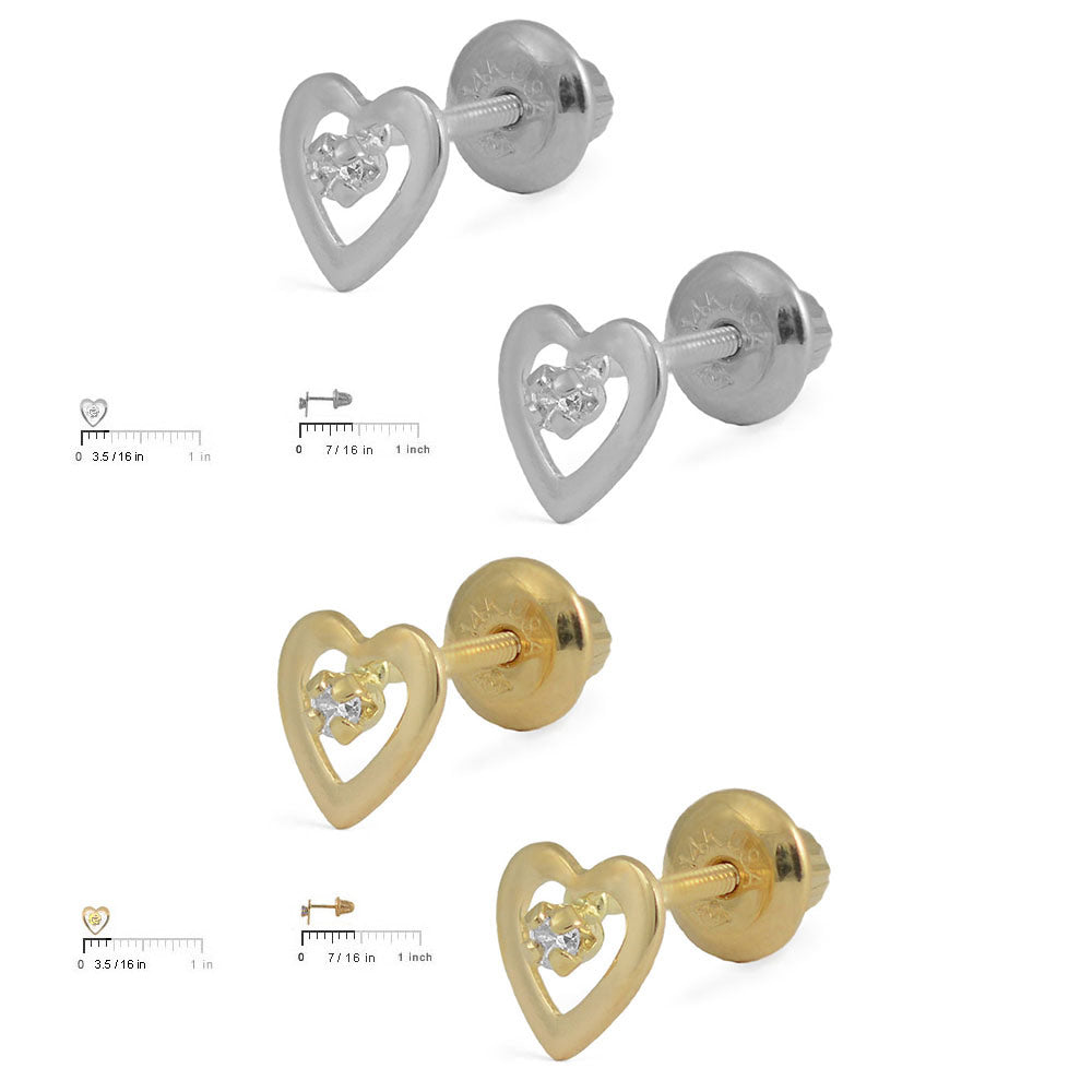 14K Yellow Or White Gold Diamond Heart Screw Back Stud Earrings