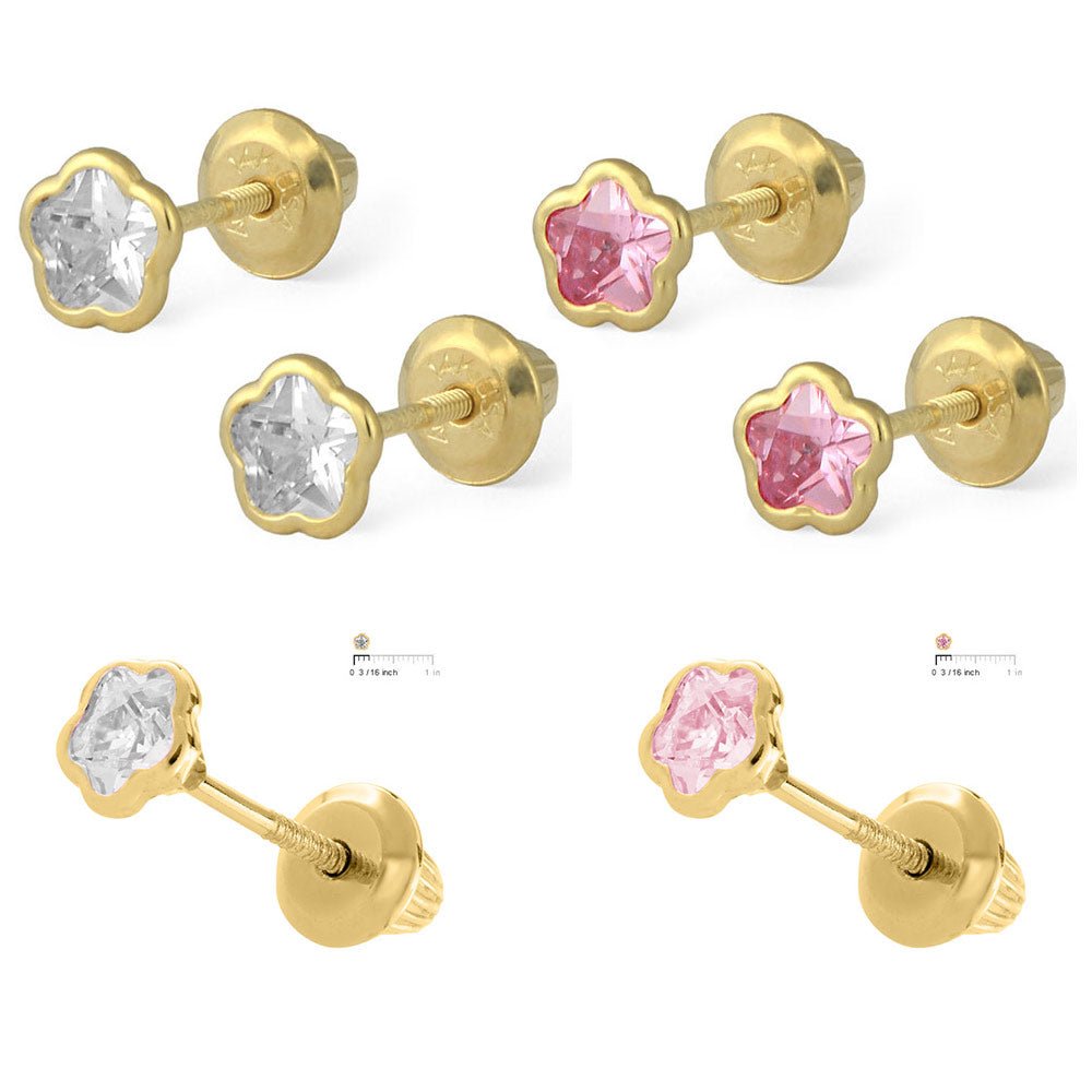 14K Yellow Gold Pink CZ Open Flower Screw Back Earrings For Girls