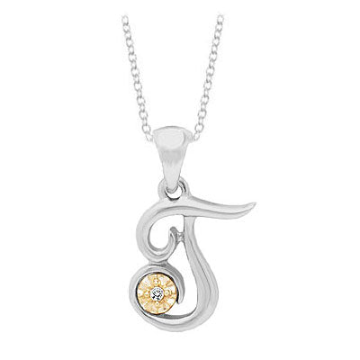 Silver & 14K Gold Diamond Script Initial T Children's Necklace (14-16 in) 1